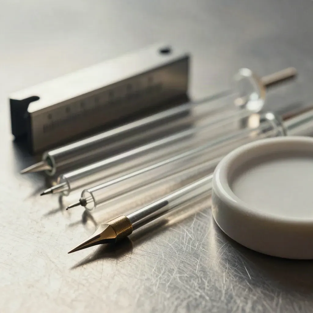 Calibration lab still life with probe tip, pipette sleeves, block, and ceramic dish on brushed metal.