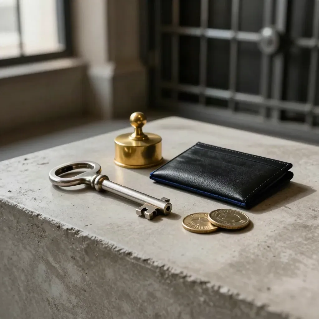 Bank vault tools on pale concrete: key, seal press, card case, and two access tokens.
