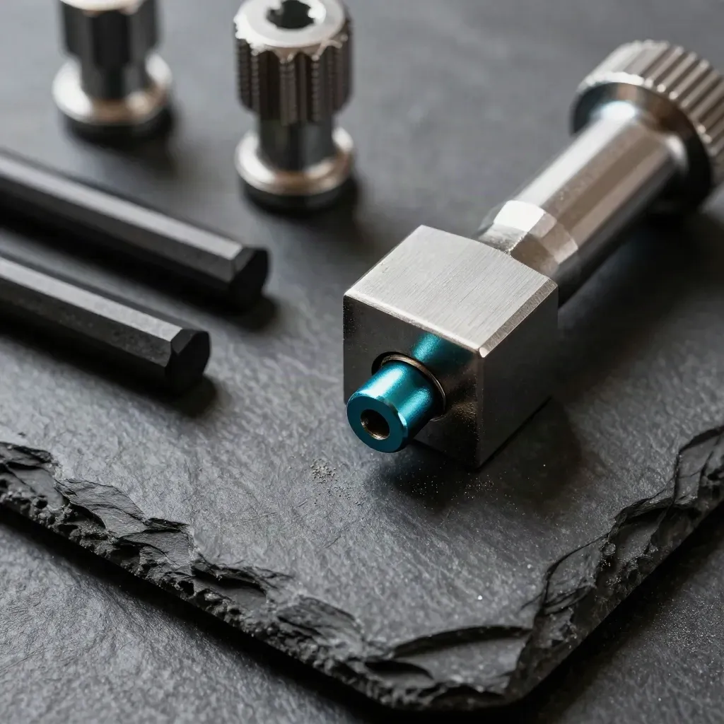 Machined fasteners, hex keys, and a steel gauge block on dark slate with a teal accent.