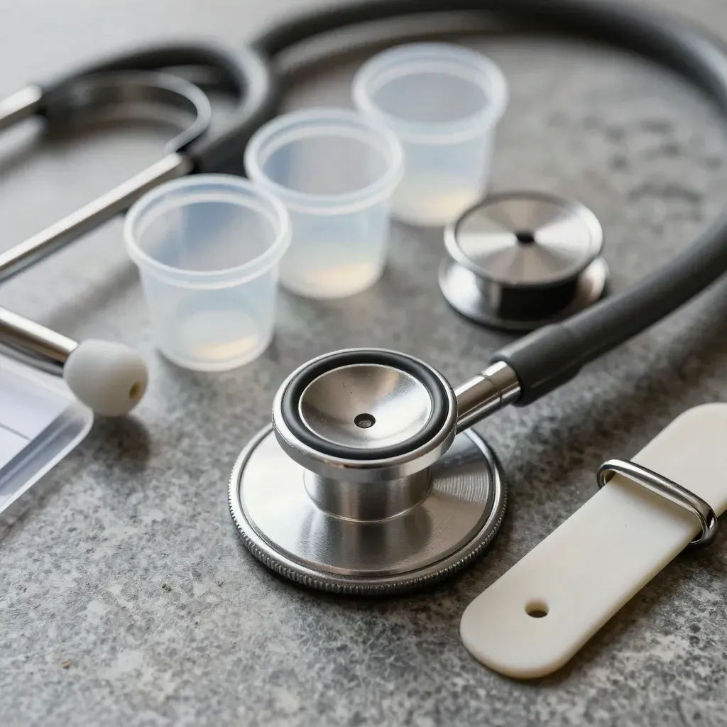 Stethoscope head, specimen cups, badge reel, and wristband clips on grey stone.
