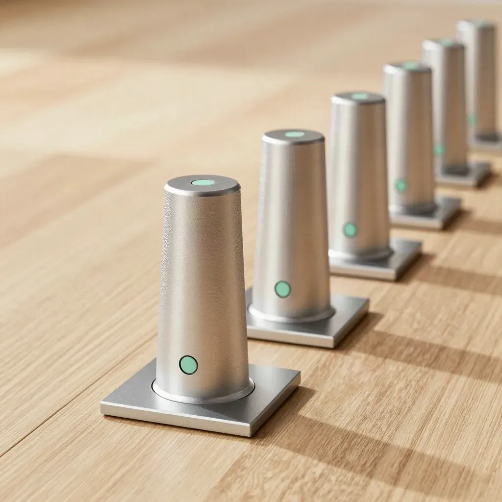 Aluminum desk beacons and magnetic mounts lined up on pale oak with a graphite tray.