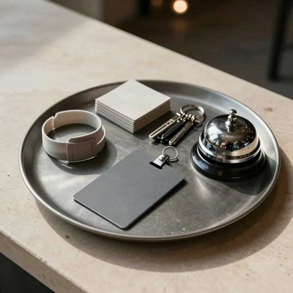 Flat lay of visitor badges, wristbands, key fobs and a chrome bell on brushed stone.