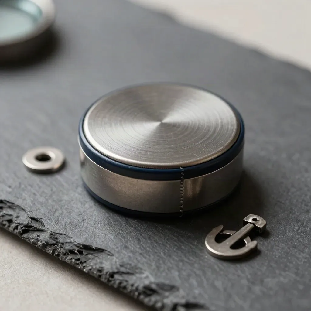 Macro of a desk occupancy puck with two metal seat tags and a cable anchor on graphite stone.