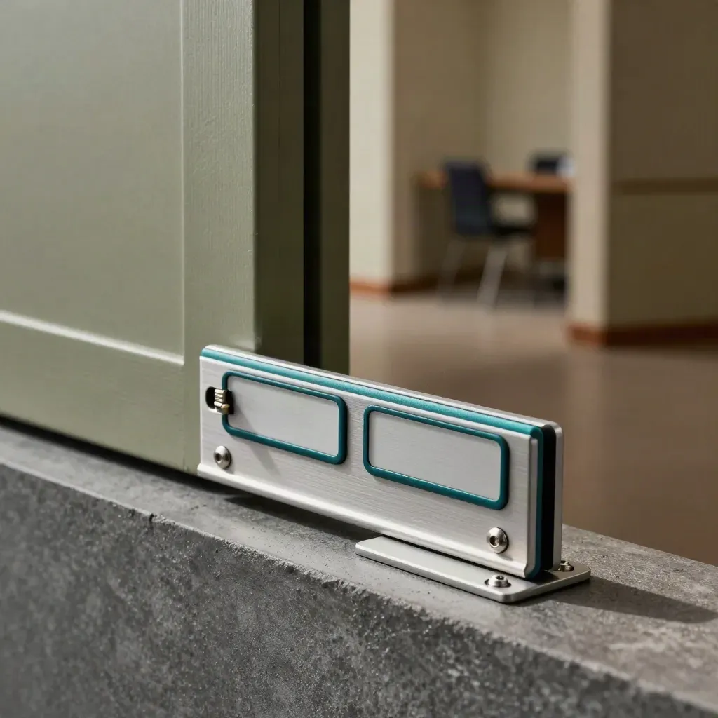 Brushed aluminum meeting-room status slider mid-click on concrete with teal latch.