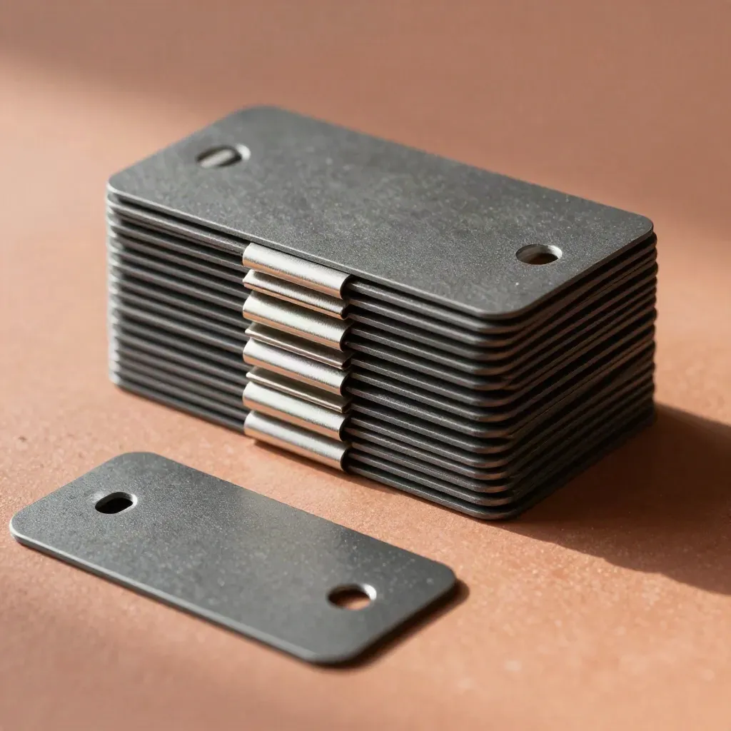 RFID fobs stacked with a steel spacer and clip on a terracotta counter, lit in soft macro light