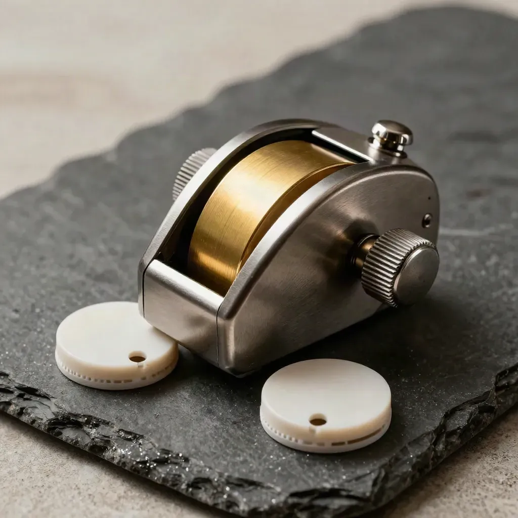 Macro of a tally counter, brass discs, and two sensor pucks on dark stone.