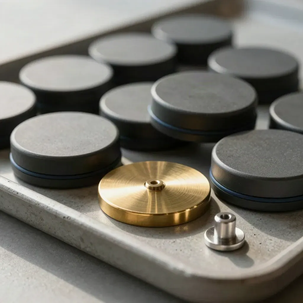 Desk sensor pucks crowd around a brass marker disc on cool concrete, lit from above left.