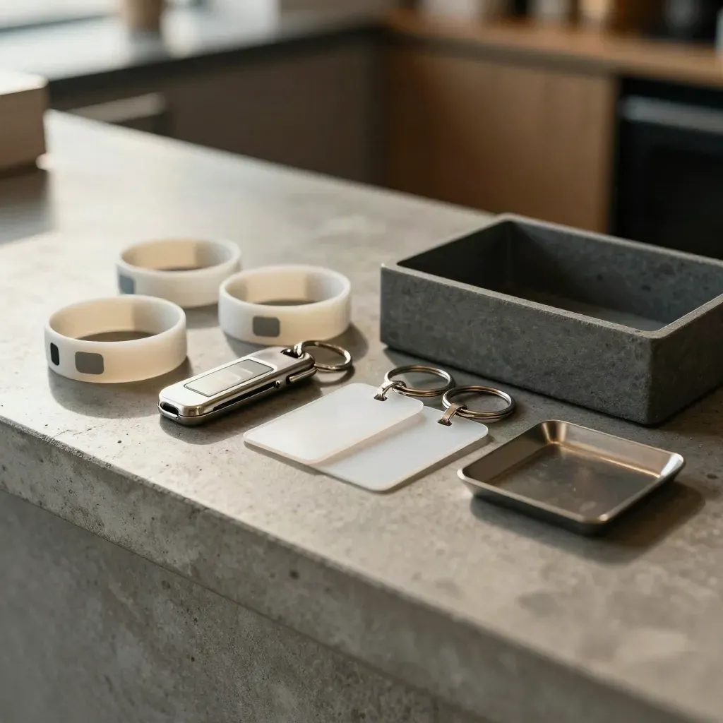 Slate coworking reception caddy with wristbands, key fobs, and membership tags on concrete.