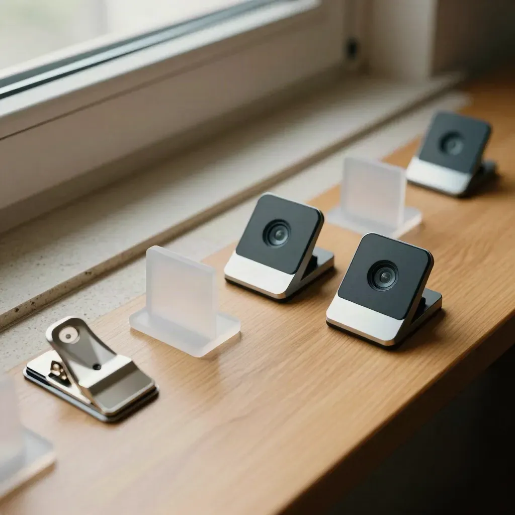 Occupancy sensors, room markers, and planner clips on oak, seen through a window mullion.