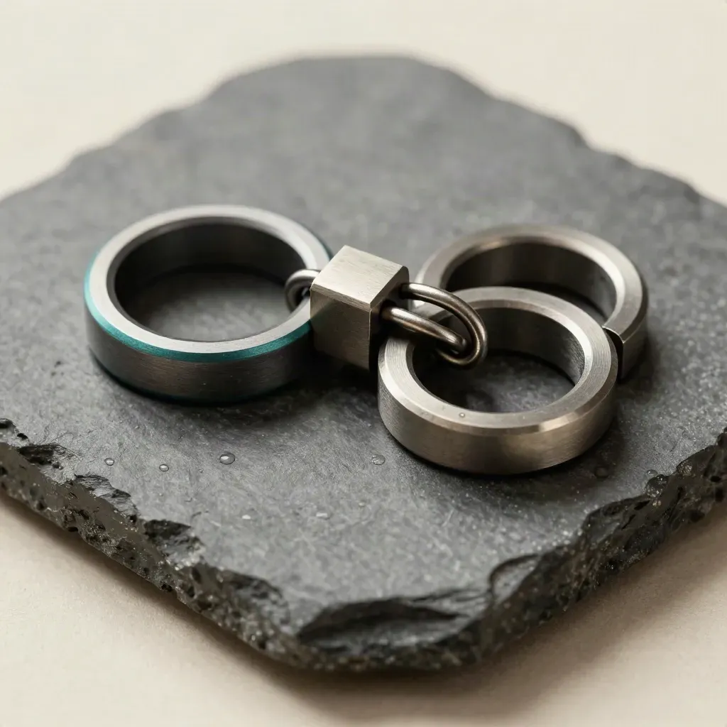 Macro of machined rings, chain link, and connector block snapping together on graphite stone.