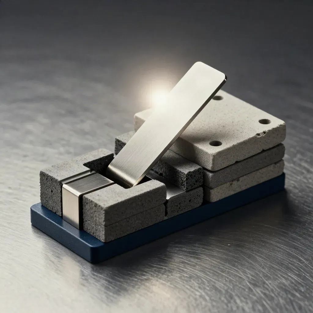 Graphite modular blocks and metal tabs lock together on brushed metal in dramatic studio light.