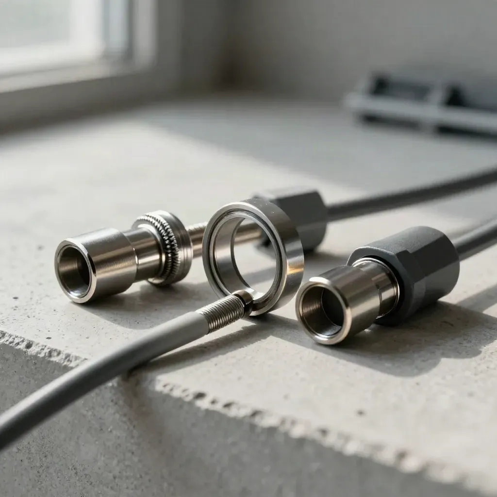 Cable couplers and metal collars on pale concrete with a soft diagonal rim light.