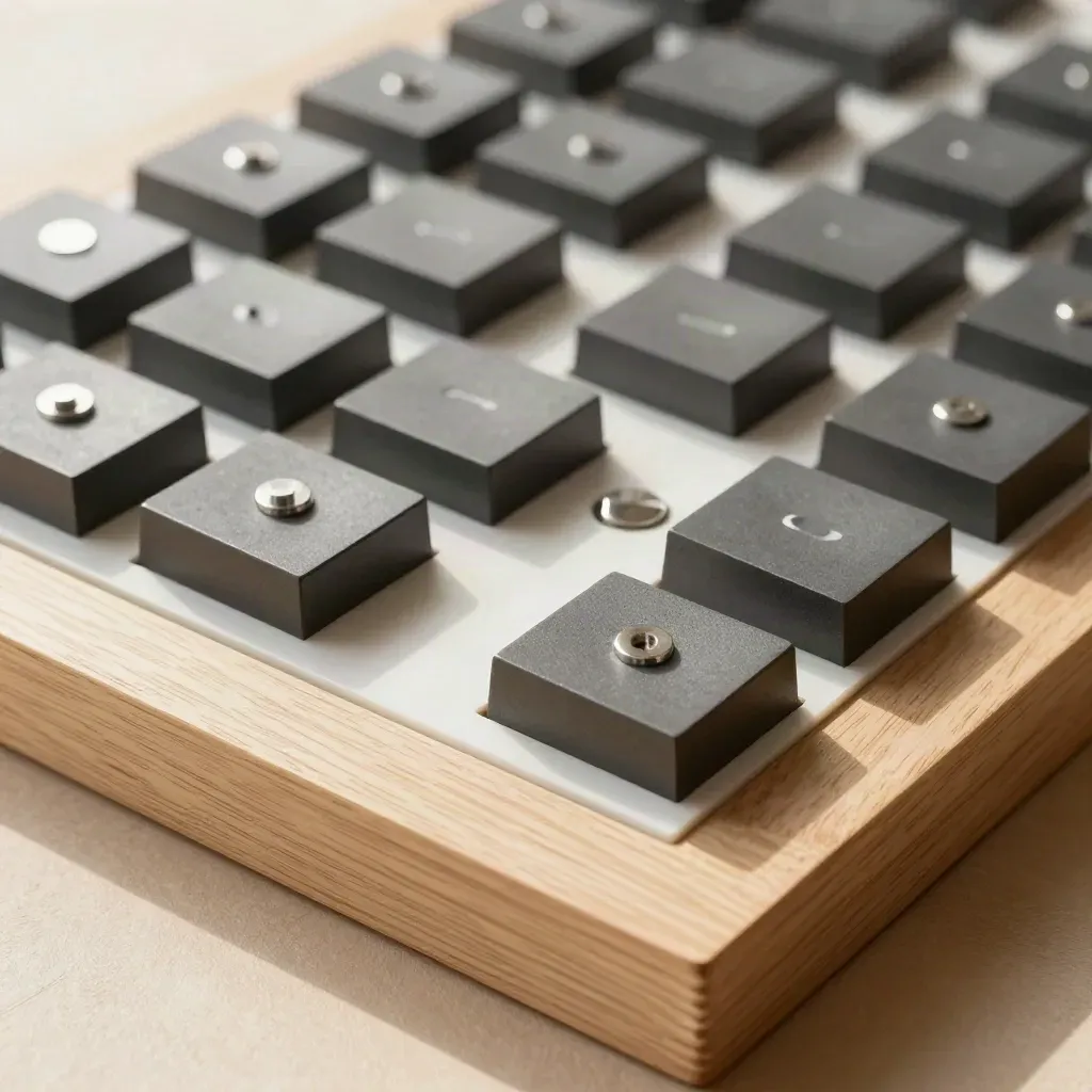 Top-down modular blocks, magnetic pins, and a white join plate on pale oak