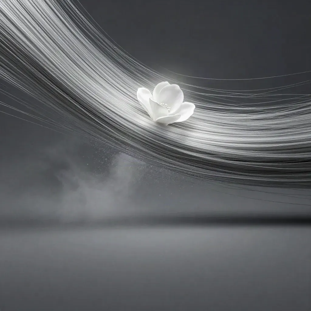 Silver filaments converge into a soft white bloom in a dark graphite haze.